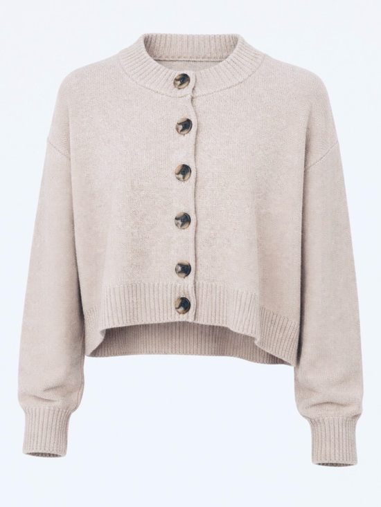Quince Sweaters - Quince | Organic Cotton Cropped Cardigan | Taupe Textured Knit Tortoise Button M